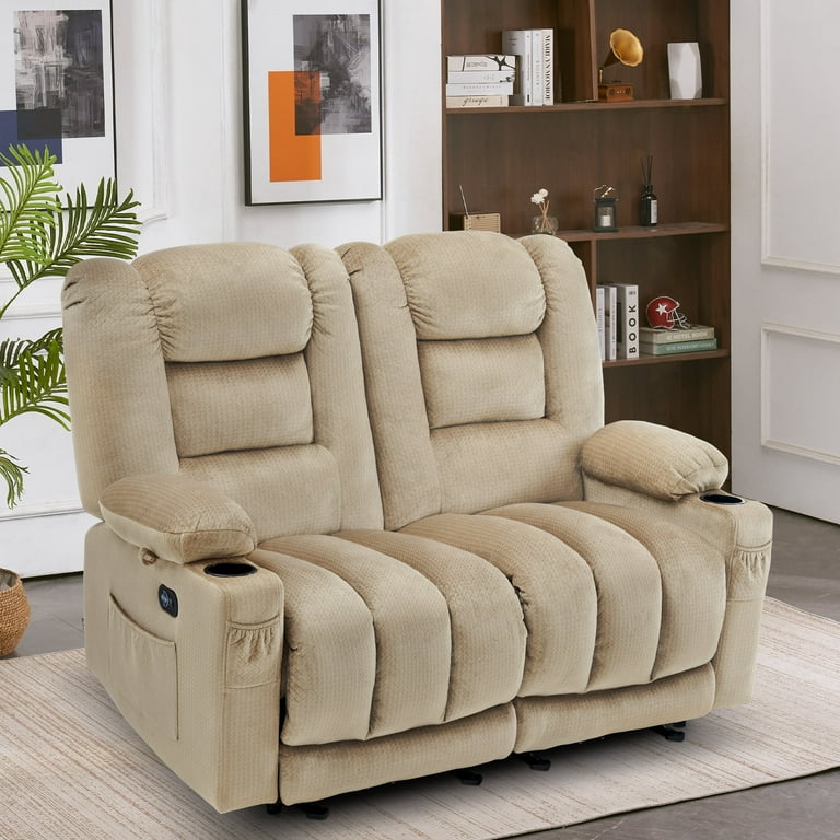 55.9 Power Loveseat Recliner Sofa with Heat and Massage for Living Room Home Fabric Beige