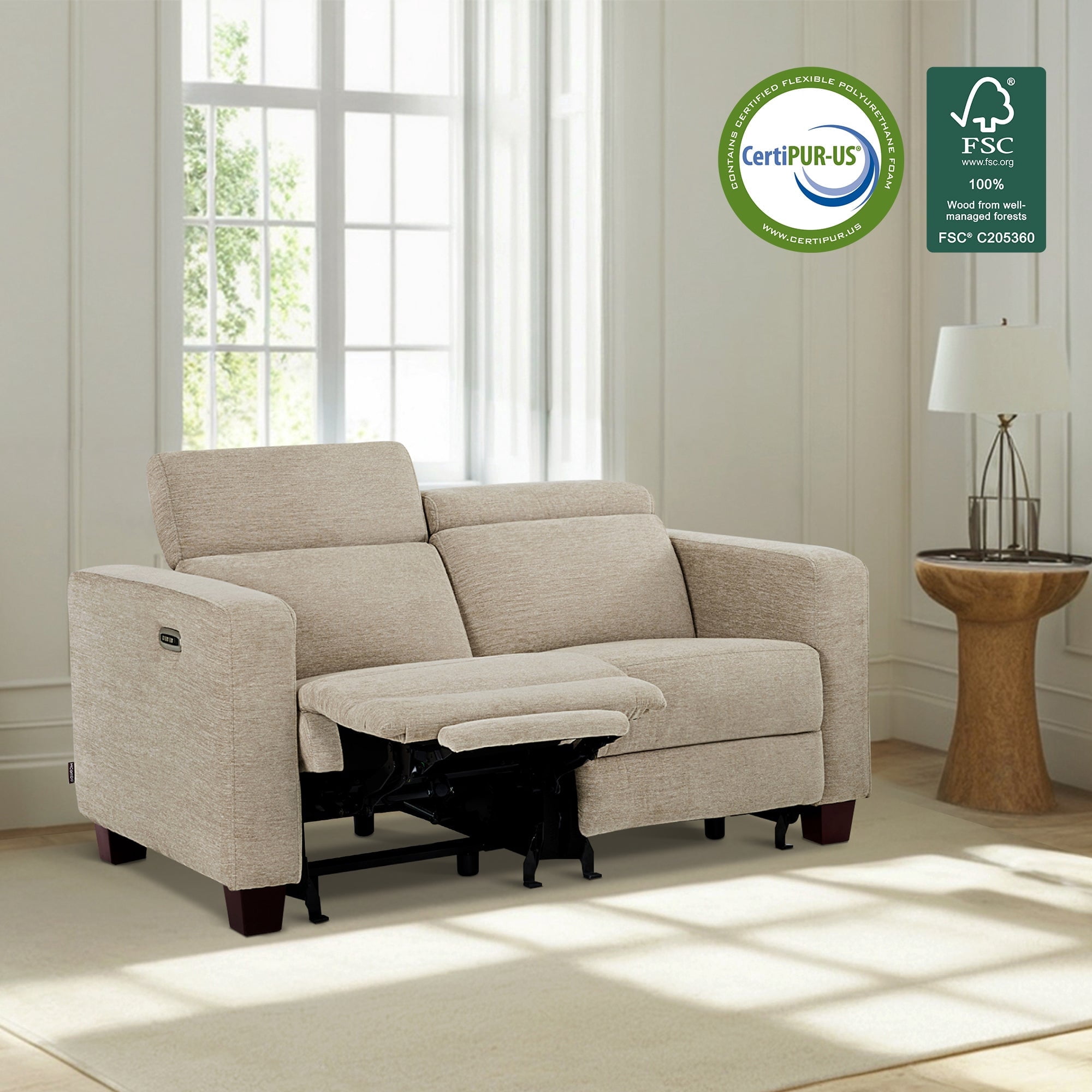 MCombo 62.2'' Wall Hugger Power Loveseat Recliner Sofa for Living Room, Office, Fabric, Beige