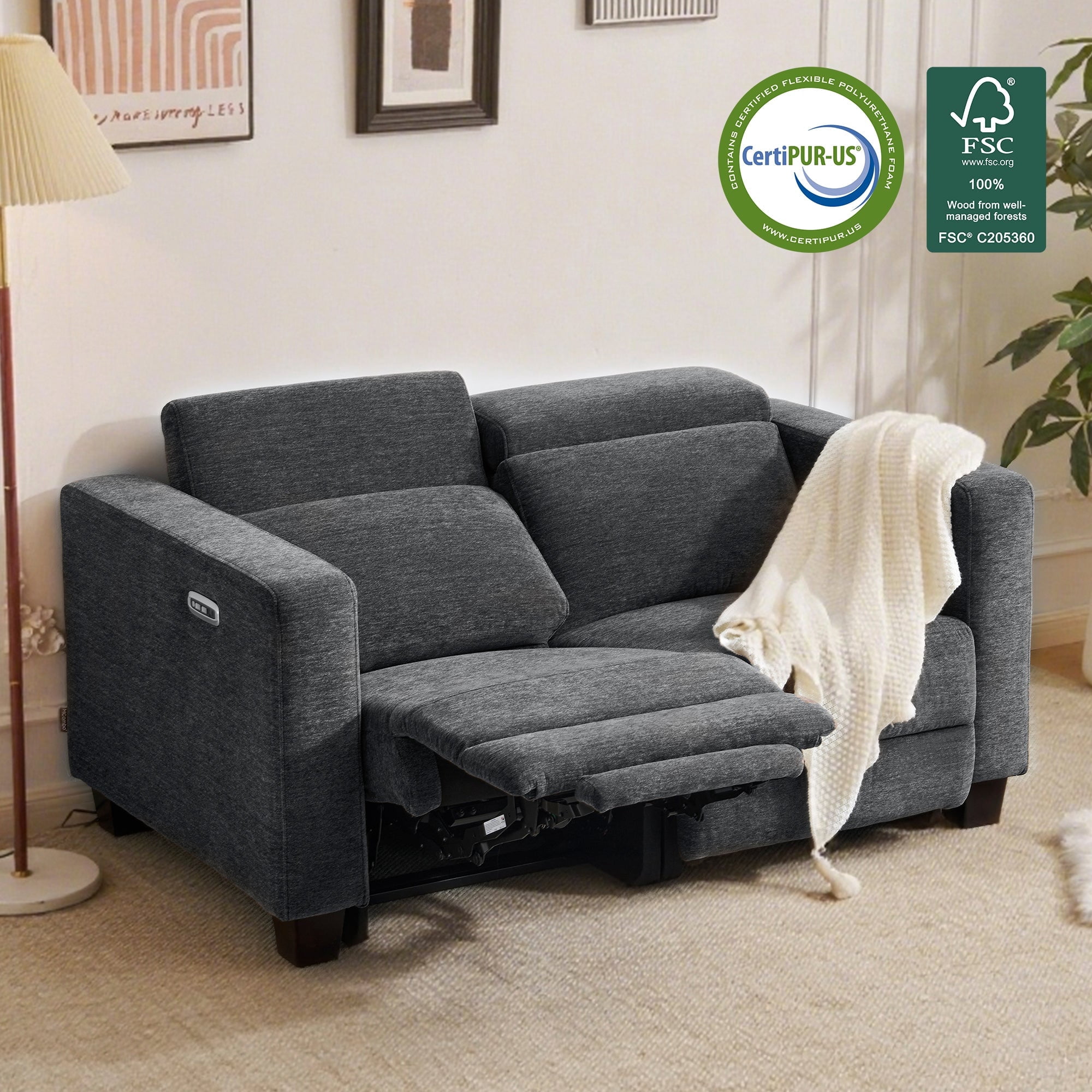 MCombo 62.2'' Wall Hugger Power Loveseat Recliner Sofa for Living Room, Office, Fabric, Dark Grey