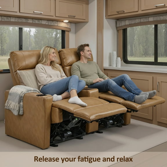 MCombo 62.6'' Zero Wall Hugger Power Loveseat Recliner Sofa with Console for RVs, Living Rooms, Cognac Tan