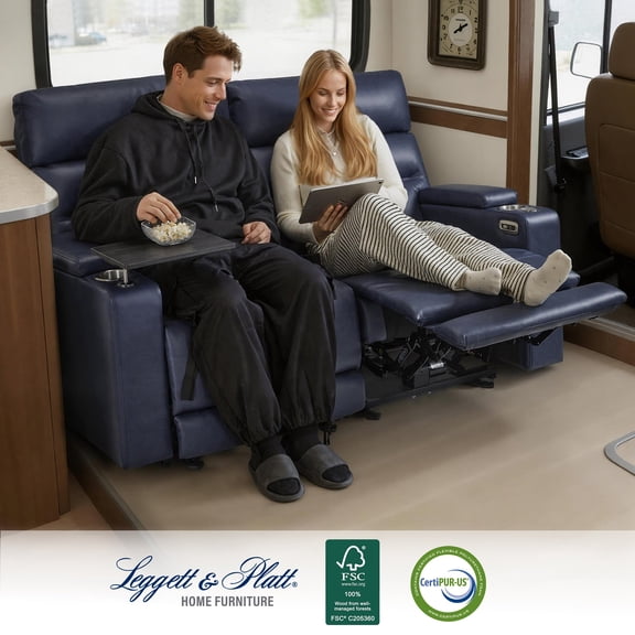 MCombo 63" Wall Hugger Power Loveseat Recliner for Small Spaces, RV, 360° Swivel Tray Table, Armrest Storage, Navy Blue