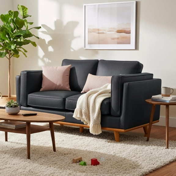 MCombo 64.8'' Napa Leather Loveseat Sofa Couch for Living Room, Office, Vintage Italian Leather, Black