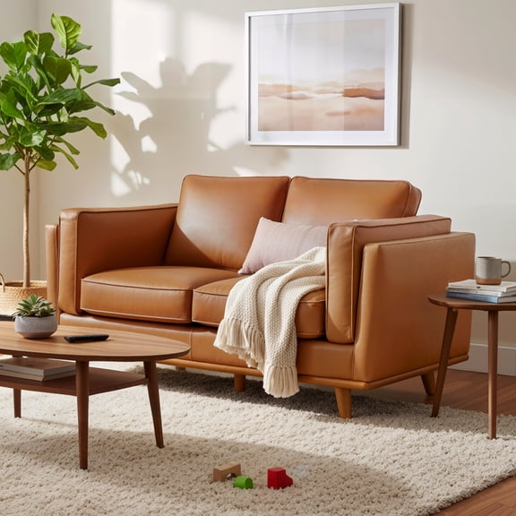 MCombo 64.8'' Napa Leather Loveseat Sofa Couch for Living Room, Office, Vintage Italian Leather, Cognac Tan