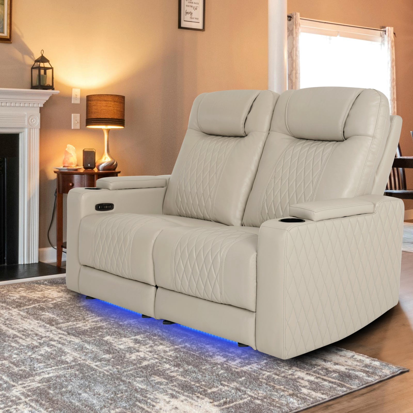 MCombo 65" Power Reclining Loveseat with Adjustable Headrest for Living Room, Double Recliner Sofa with Armrest Storage & LED Light, Beige