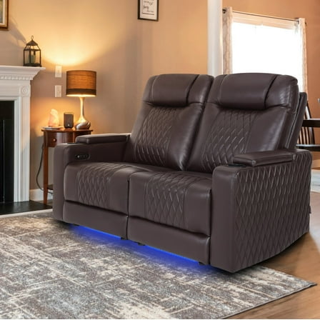 MCombo 65" Power Reclining Loveseat with Adjustable Headrest for Living Room, Double Recliner Sofa with Armrest Storage & LED Light, Brown