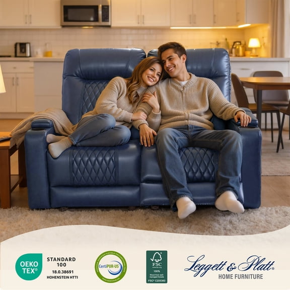 MCombo 65" Power Reclining Loveseat with Adjustable Headrest for Living Room, Double Recliner Sofa with Armrest Storage & LED Light, Navy Blue