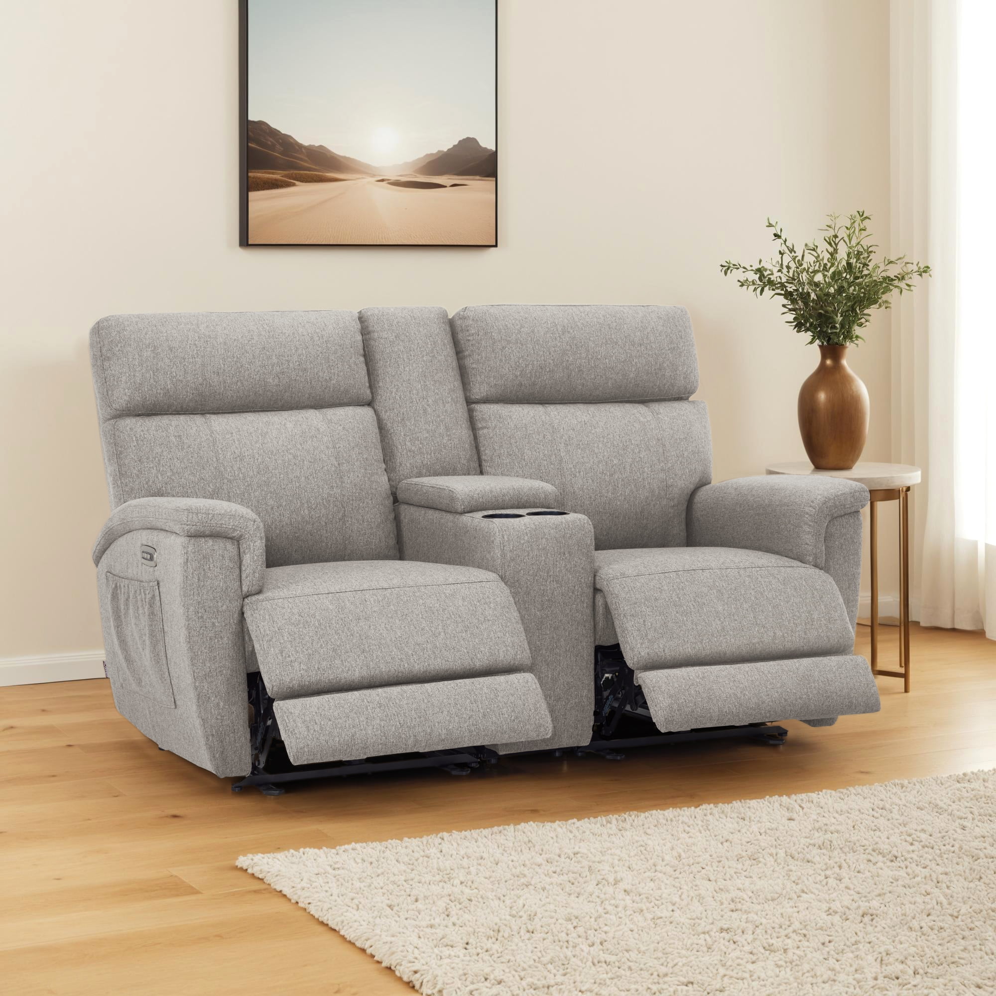 MCombo 70.8" Power Loveseat Recliner Sofa with Console, Massage and Dual Heating, Adjustable Headrest for Living Room, Fabric (Mist Grey)