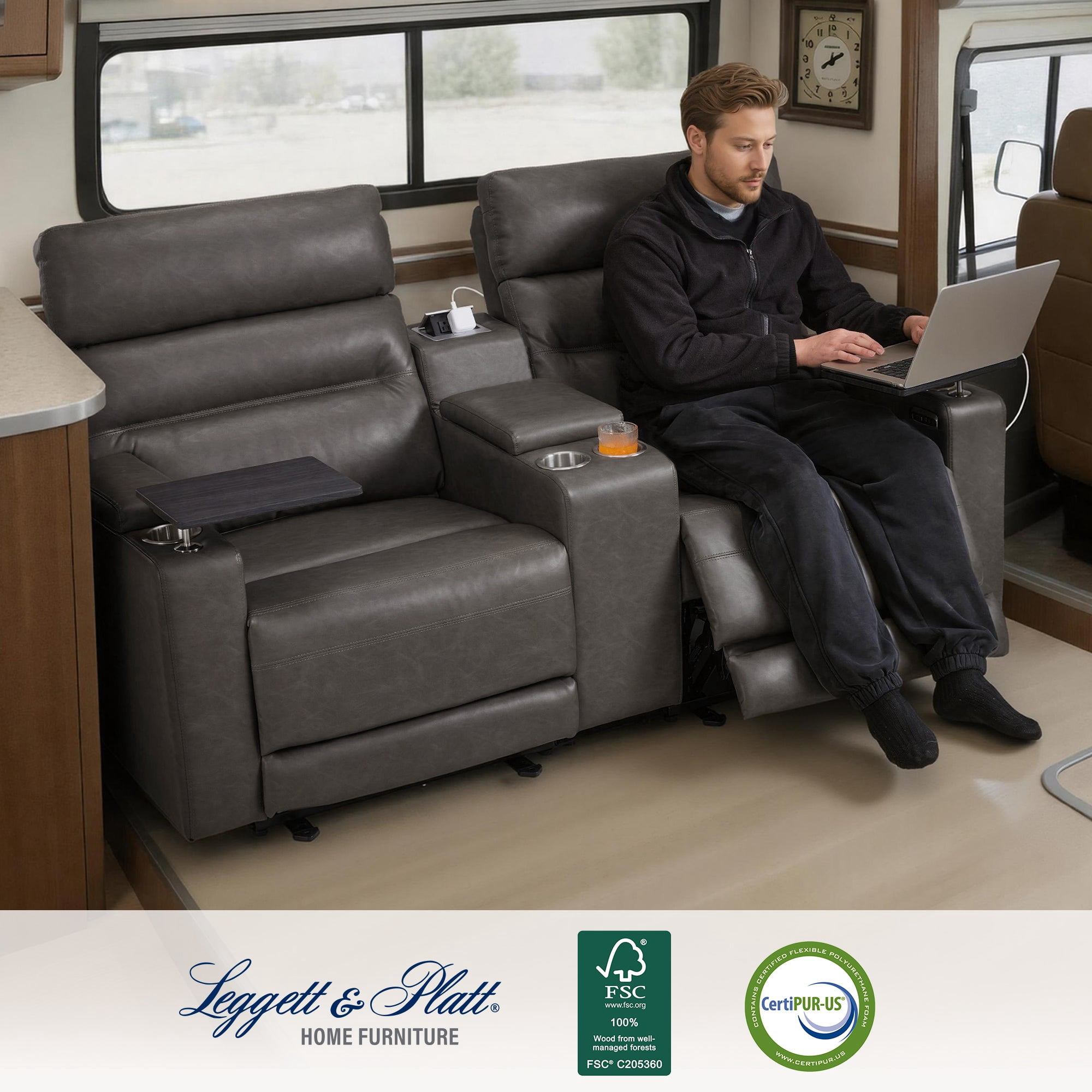 MCombo 73" Wall Hugger Power Loveseat Recliner with Console for Small Spaces, RV, 360° Swivel Tray Table, Armrest Storage, Dark Grey