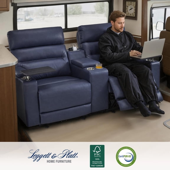 MCombo 73" Wall Hugger Power Loveseat Recliner with Console for Small Spaces, RV, 360° Swivel Tray Table, Armrest Storage, Navy Blue
