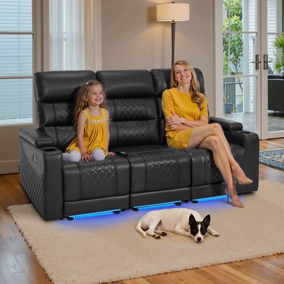 MCombo 77.6" 3 Seats Power Reclining Sofa, Home Theater Seating with LED Light & Armrest Storage, Faux Leather, Black