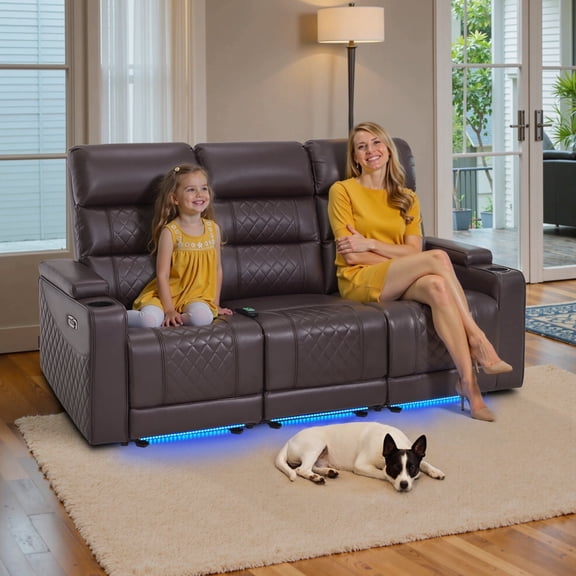 MCombo 77.6" 3 Seats Power Reclining Sofa, Home Theater Seating with LED Light & Armrest Storage, Faux Leather, Dark Brown