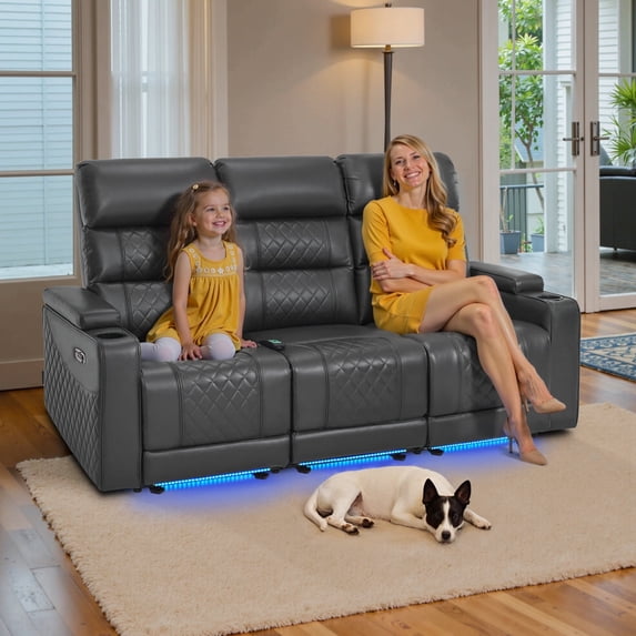 MCombo 77.6" 3 Seats Power Reclining Sofa, Home Theater Seating with LED Light & Armrest Storage, Faux Leather, Dark Grey