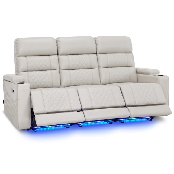 MCombo 77.6" 3 Seats Power Reclining Sofa, Home Theater Seating with LED Light & Armrest Storage, Faux Leather, Light Grey
