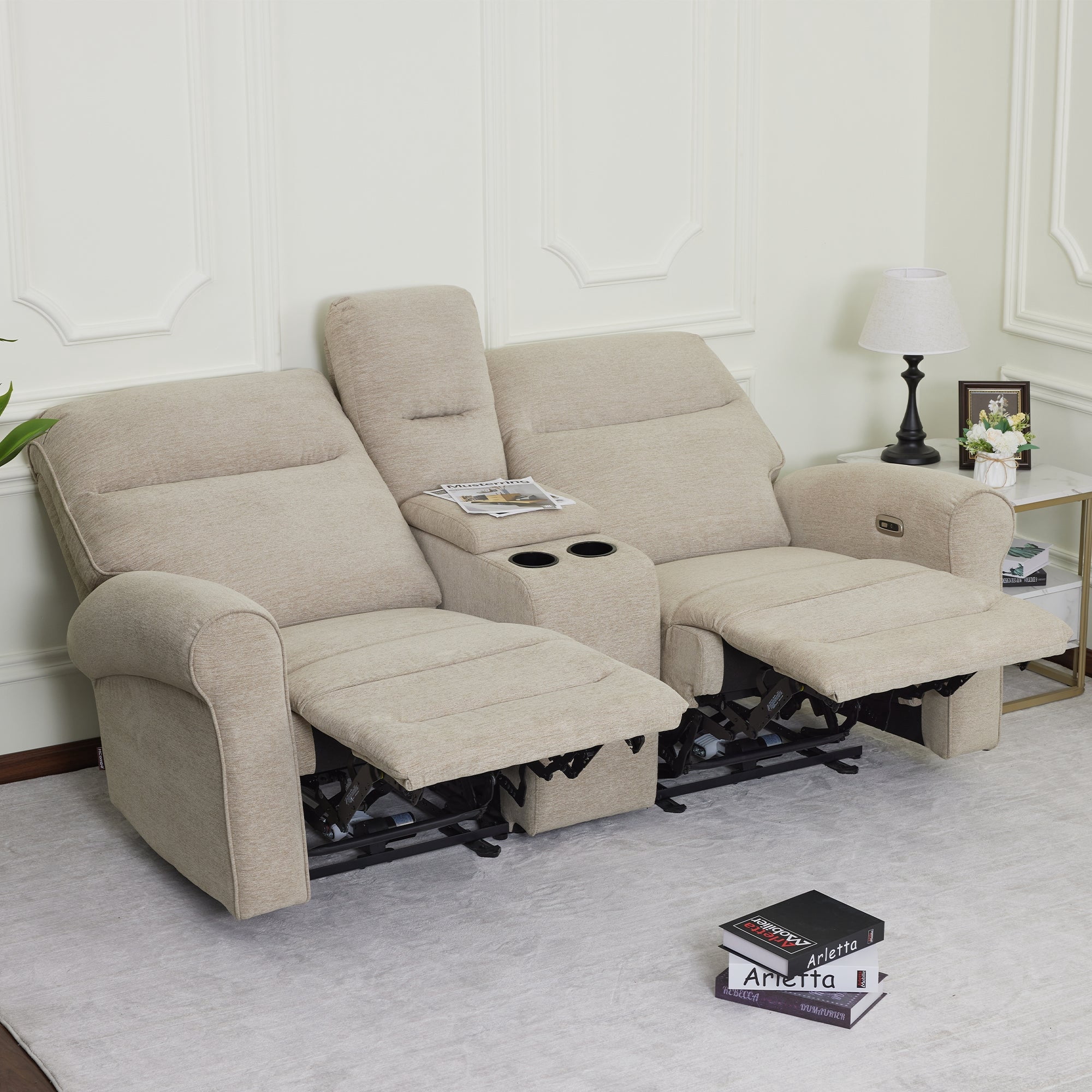 MCombo 78.3" Wall Hugger Power Loveseat Recliner Sofa with Console, Reclining Loveseat with USB Ports, Cup Holders, for Small Spaces Living Room RV, Fabric PR635M2 (Beige)