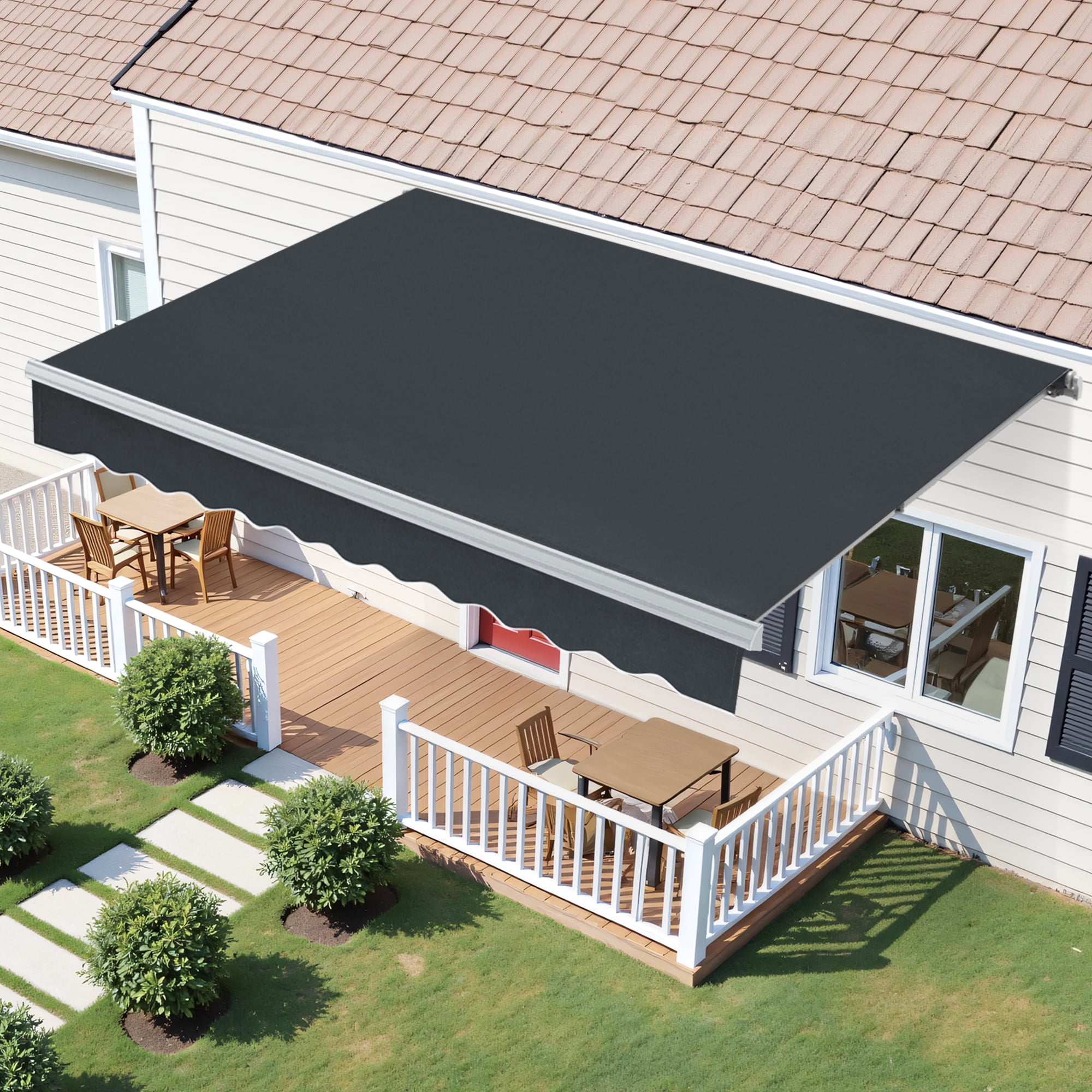 MCombo 8' x 7' Electric Retractable Awning, Sun Shade Shelter with Remote Controller and Manual Crank for Deck, Balcony, Yard, Dark Blue