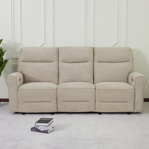 MCombo 87.8" Wall Hugger Power Reclining Sofa with Drop Down Table, 3-Seater Recliner Couch for Small Spaces Living Room RV, USB Ports, Fabric (Beige)