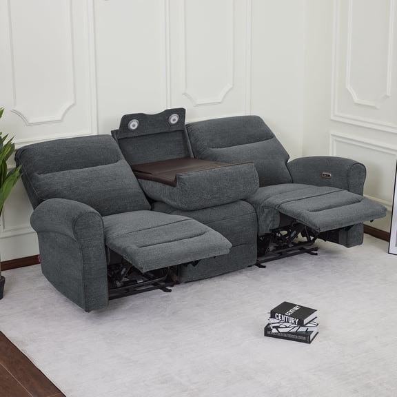 MCombo 87.8" Wall Hugger Power Reclining Sofa with Drop Down Table, 3-Seater Recliner Couch for Small Spaces Living Room RV, USB Ports, Fabric (Dark Grey)