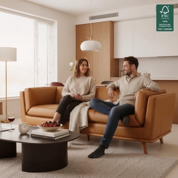 MCombo 88'' Genuine Leather Full-Grain Sofa Couch for Living Room, Office, Real Leather Sofa,  Cognac Tan