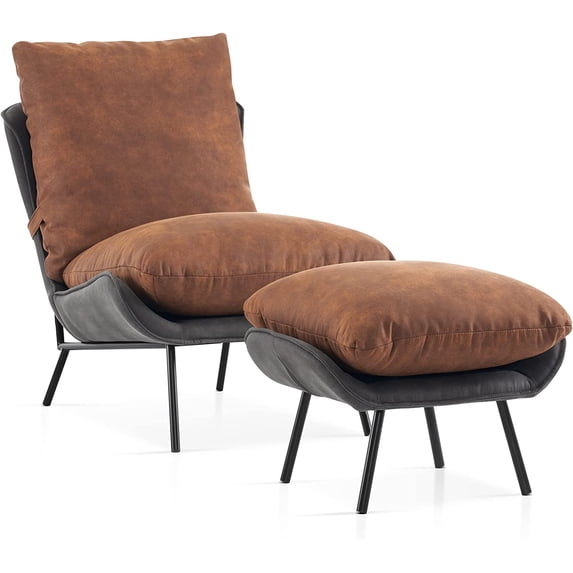MCombo Accent Chair with Ottoman, Leathaire Fabric Armless Chair, Upholstered Leisure Chairs for Bedroom Living Room LW951(Saddle)