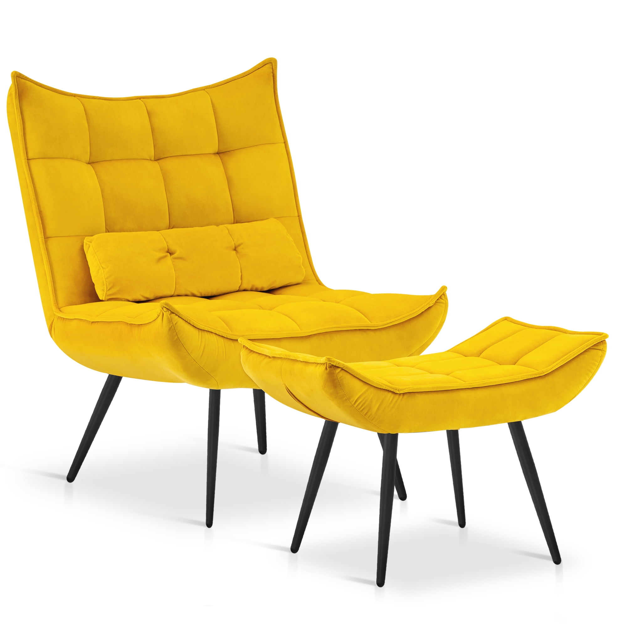 Yellow Velvet Wingback Accent Chair with Ottoman and Metal Legs