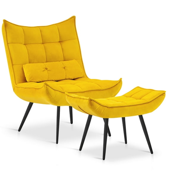 MCombo Accent Chair with Ottoman, Velvet Modern Chairs with Metal Legs for Living Room 4079 (Yellow)