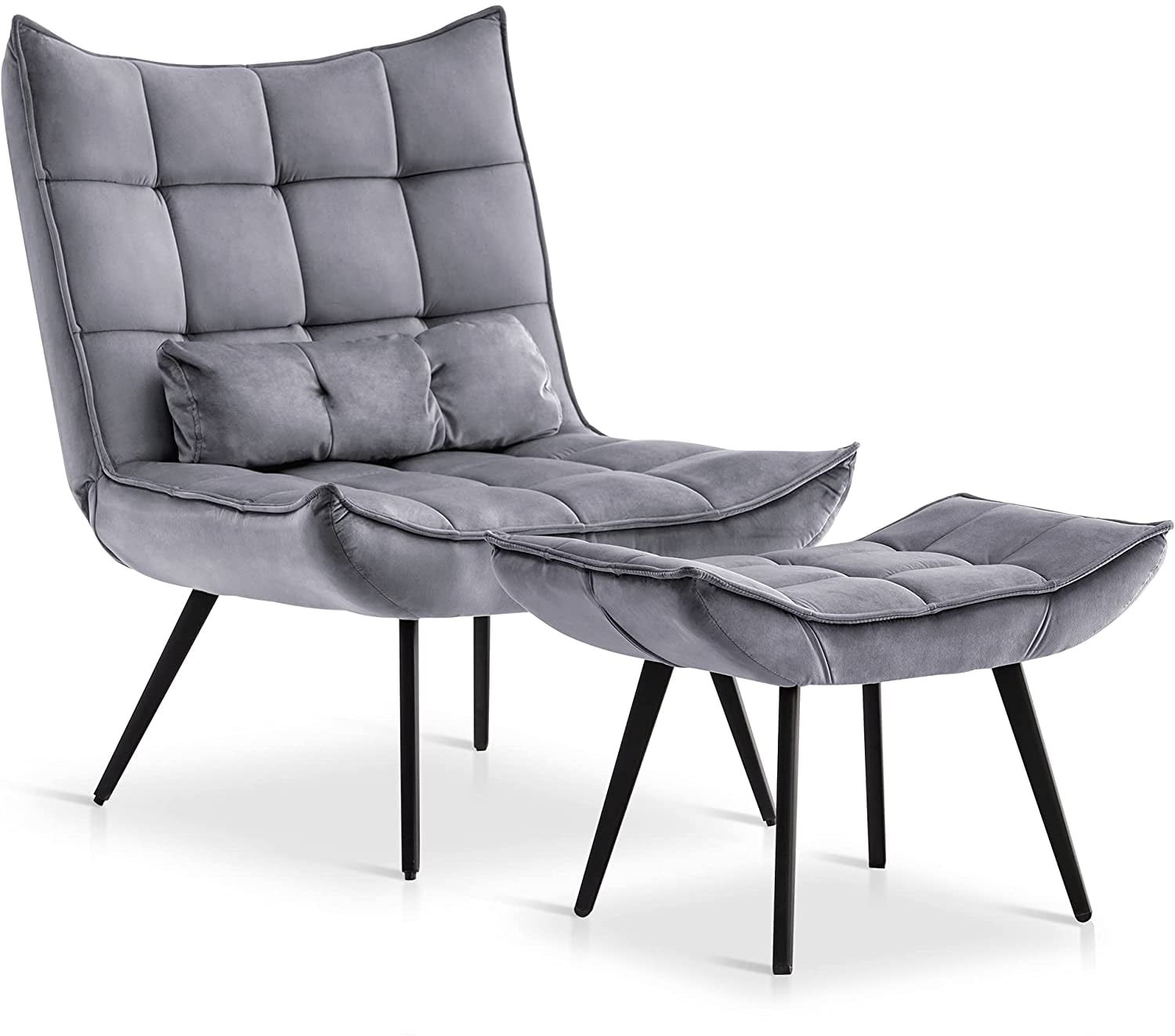 Gray Velvet Wingback Accent Chair with Ottoman and Metal Legs
