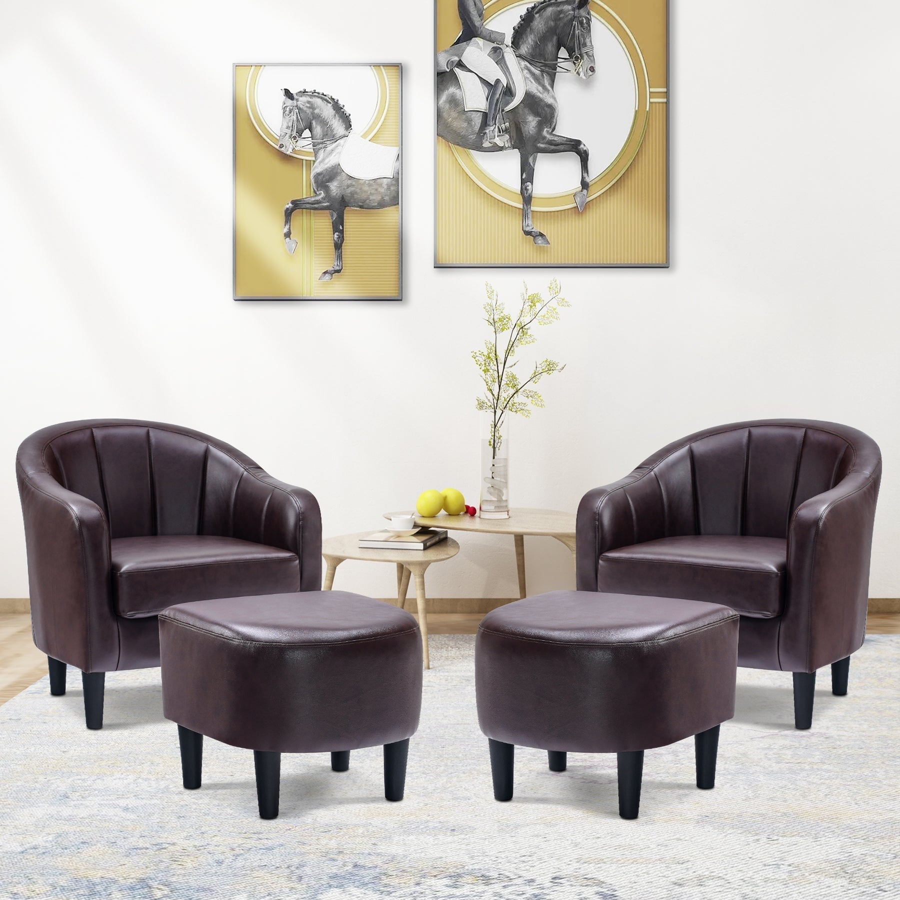 Brown Faux Leather Barrel Accent Chair Set with Ottomans