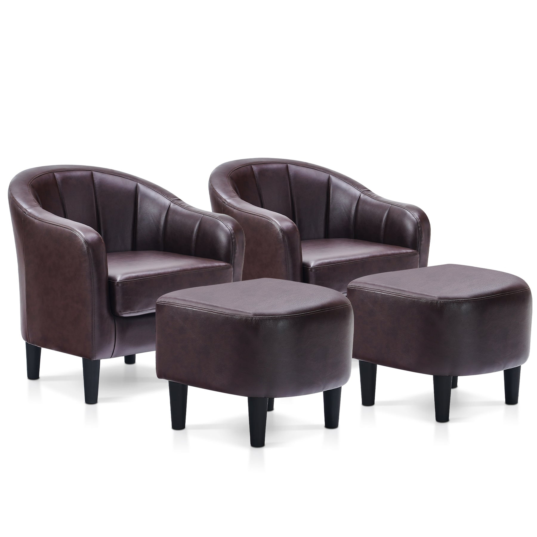 Brown Faux Leather Barrel Accent Chair Set with Ottomans
