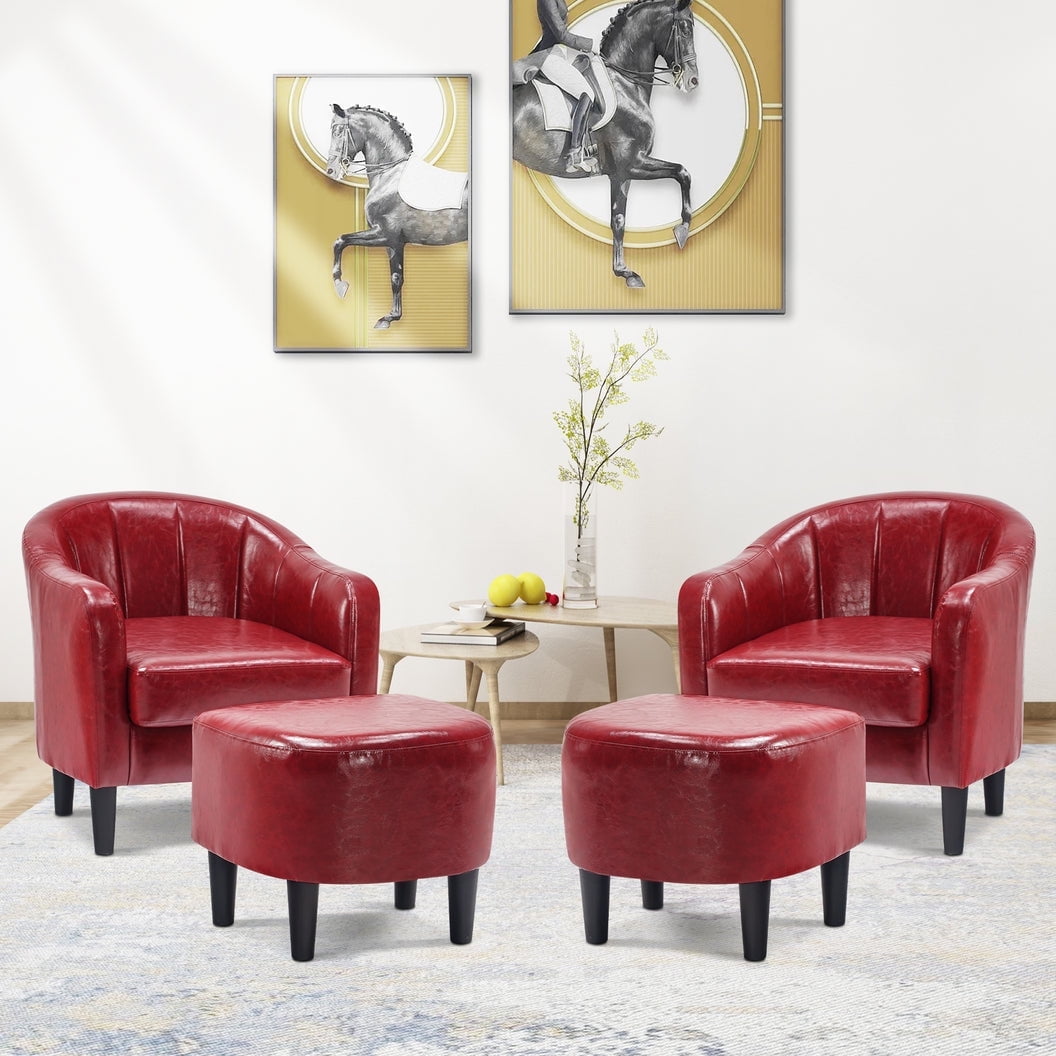 Red Faux Leather Barrel Accent Chair with Ottoman Set
