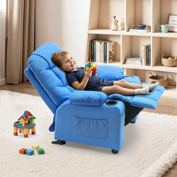 MCombo Big Kids Recliner Chair with Cup Holders for Boys and Girls Room, 3+ Age Group, Faux Leather (Baby Blue)