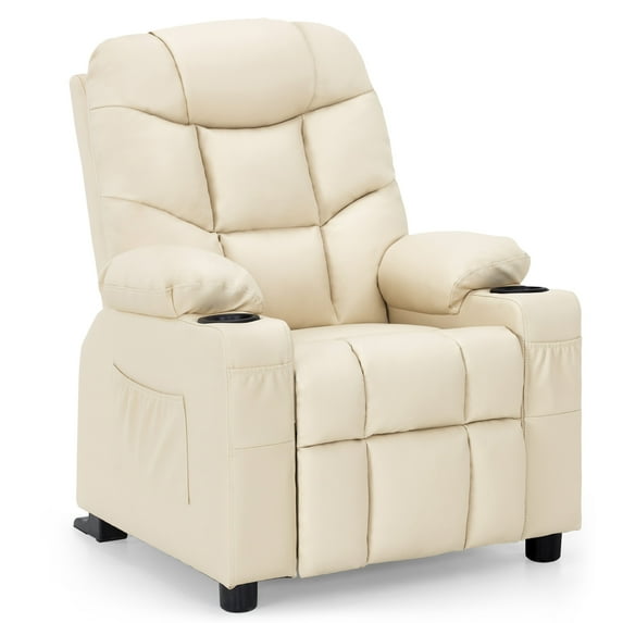 MCombo Big Kids Recliner Chair with Cup Holders for Boys and Girls Room, 3+ Age Group, Faux Leather (Cream White)
