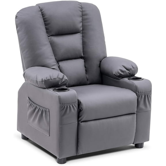 MCombo Big Kids Recliner Chair with Cup Holders for Toddler Boys and Girls, 2 Side Pockets, 3  Age Group, Faux Leather 7322 Dark Gray