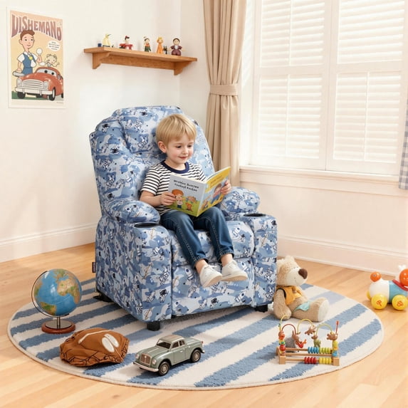MCombo Big Kids Recliner for Ages 3+, Child Reclining Chair with Cup Holders, Fabric, Camouflage