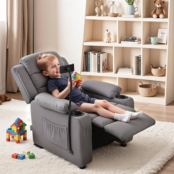 MCombo Big Kids Recliner with iPad Stand and Cup Holders, Ages 5+, Teens Reclining chair, Dark Grey