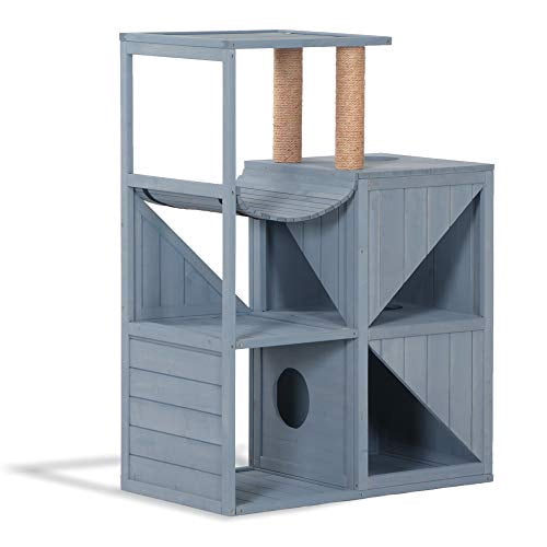 Cat House with Scratcher, Wood Cat Condo Furniture for Indoor Cat, Cat Villa Enclosures