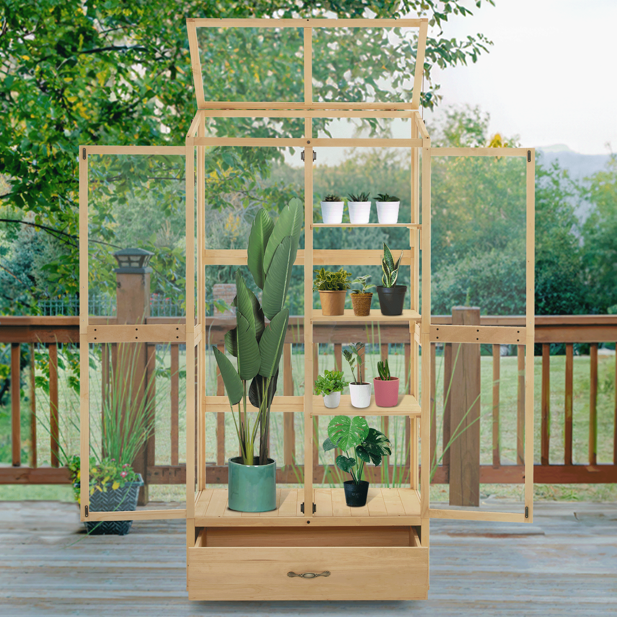Natural Wood 3-Tier Cold Frame Greenhouse with Sliding Doors