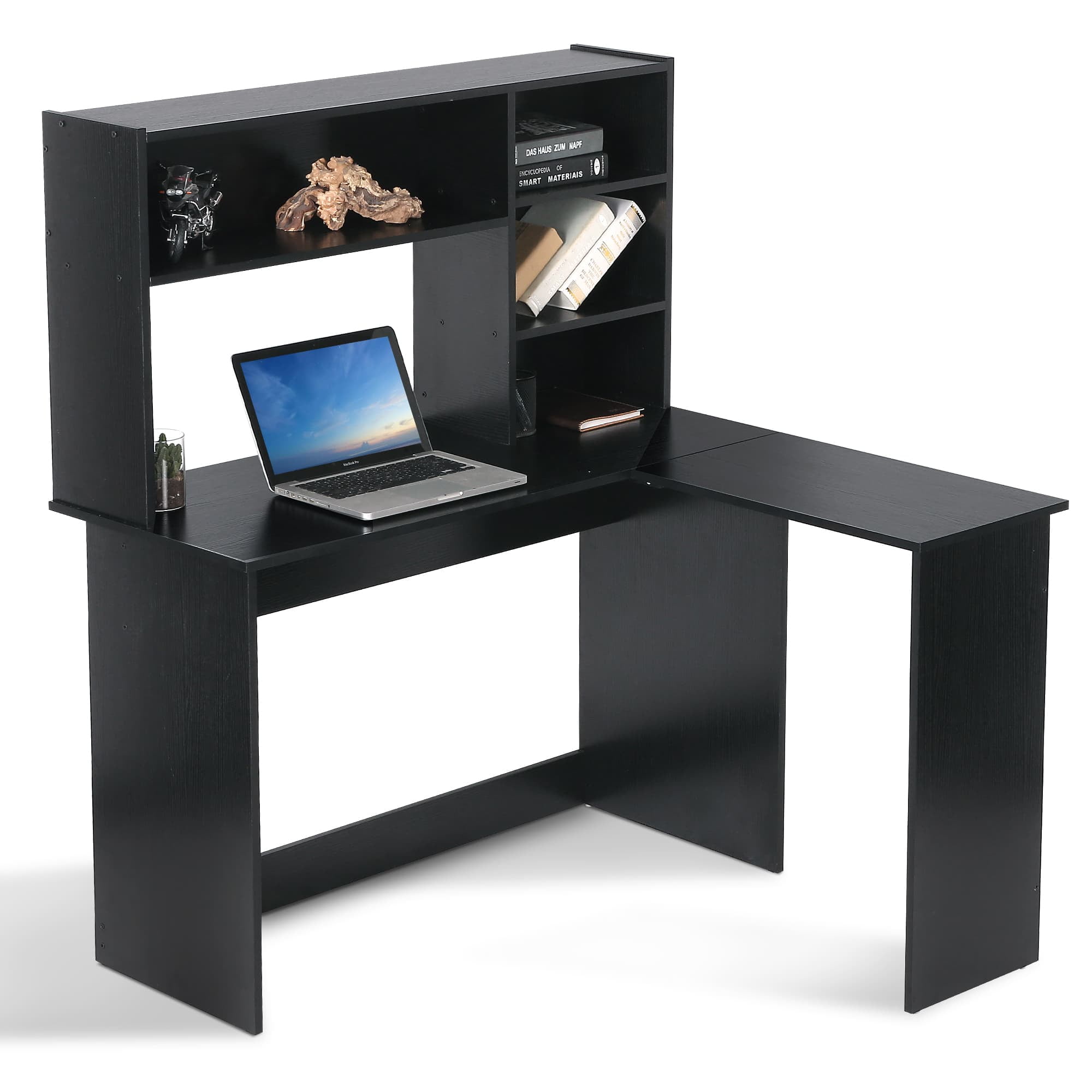 MCombo Computer Desk, L-Shaped Corner Desk with Hutch Home Office Furniture, Dorm Small Space, Brown