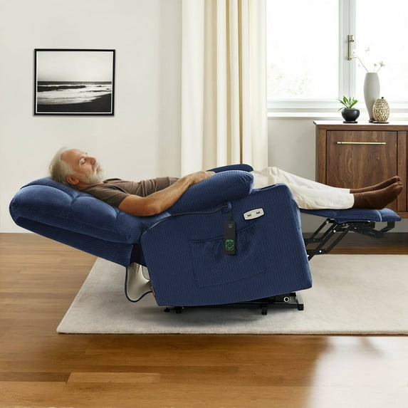 MCombo Dual Motor Large Power Lift Recliner Chair with Massage and Heat for Big and Tall Elderly People, Infinite Position, Fabric 7680 (Navy Blue, Large)