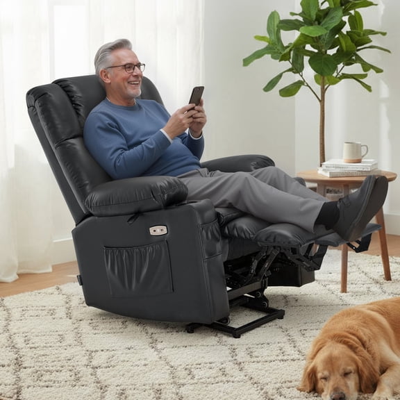 MCombo Dual Motor Power Lift Chair for Elderly, Sleep Lift Recliner, Faux Leather, Black
