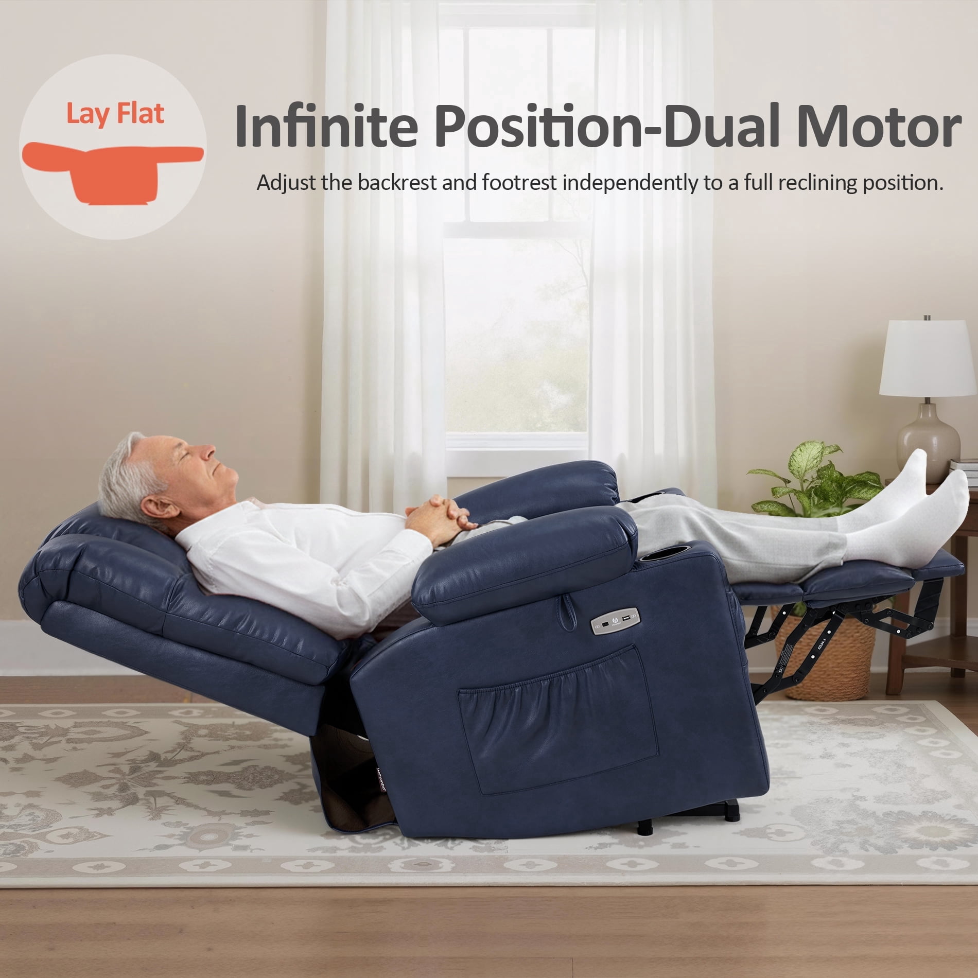 MCombo Dual Motor Power Lift Chair for Elderly, Sleep Lift Recliner, Faux Leather, Blue