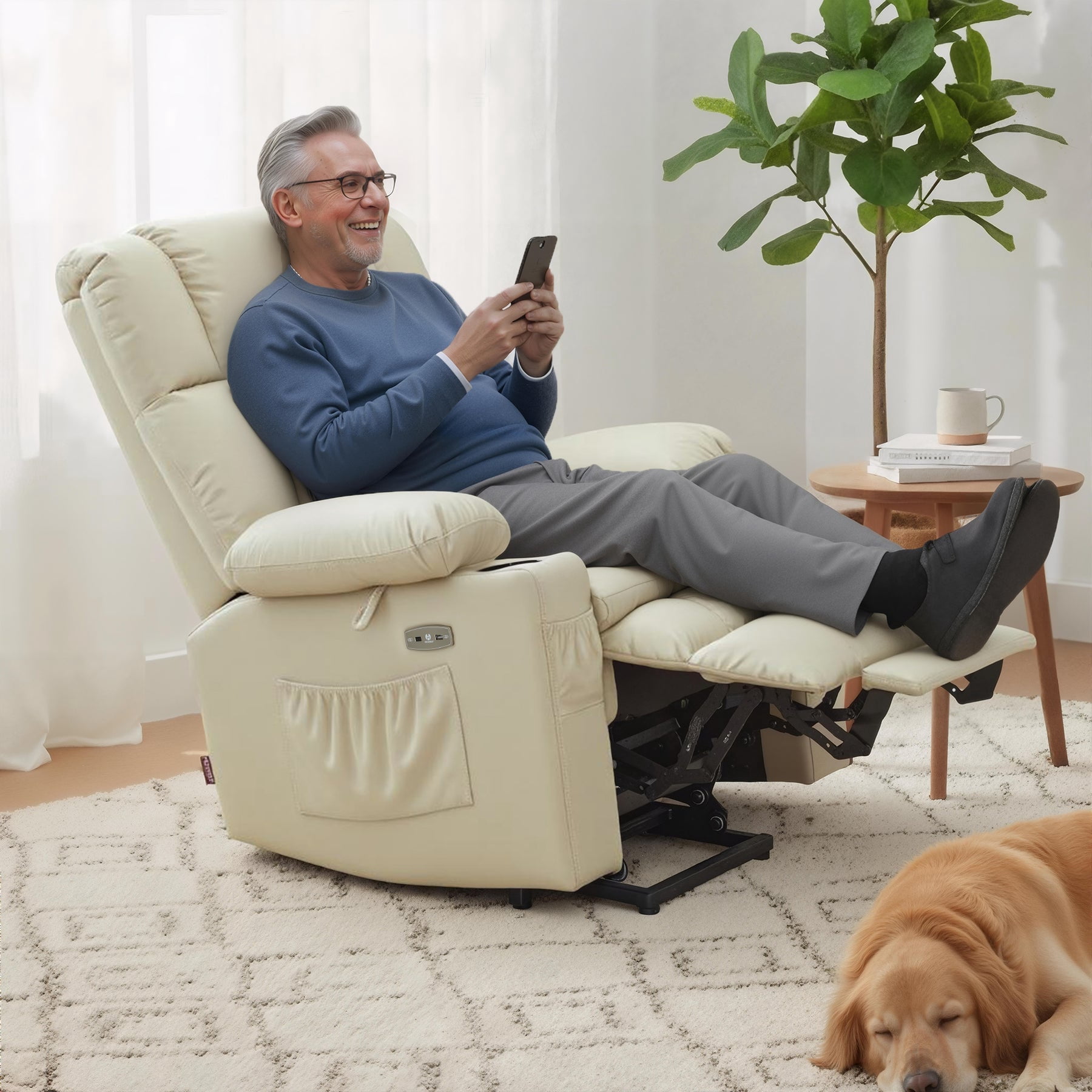 MCombo Dual Motor Power Lift Chair for Elderly, Sleep Lift Recliner, Faux Leather, Cream White