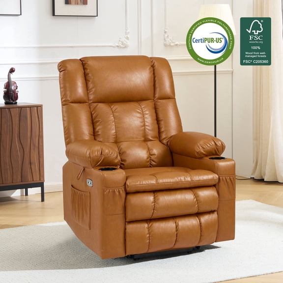 MCombo Dual Motor Power Lift Chair for Elderly, Sleep Lift Recliner, Faux Leather, Tawny