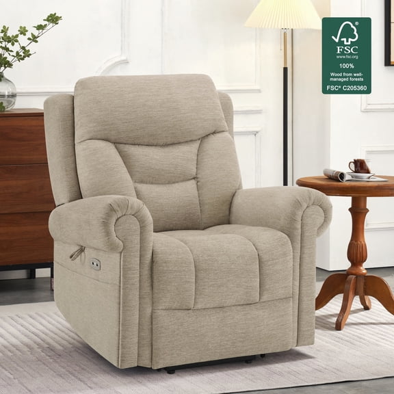 MCombo Dual Motor Power Lift Recliner Chair with Massage and Dual Heating for Senior, Fabric 7888 (Beige, Medium)