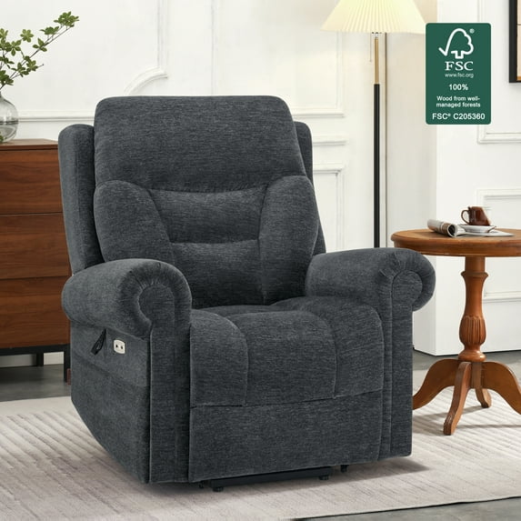 MCombo Dual Motor Power Lift Recliner Chair with Massage and Dual Heating for Senior, Fabric 7888 (Dark Grey, Medium)