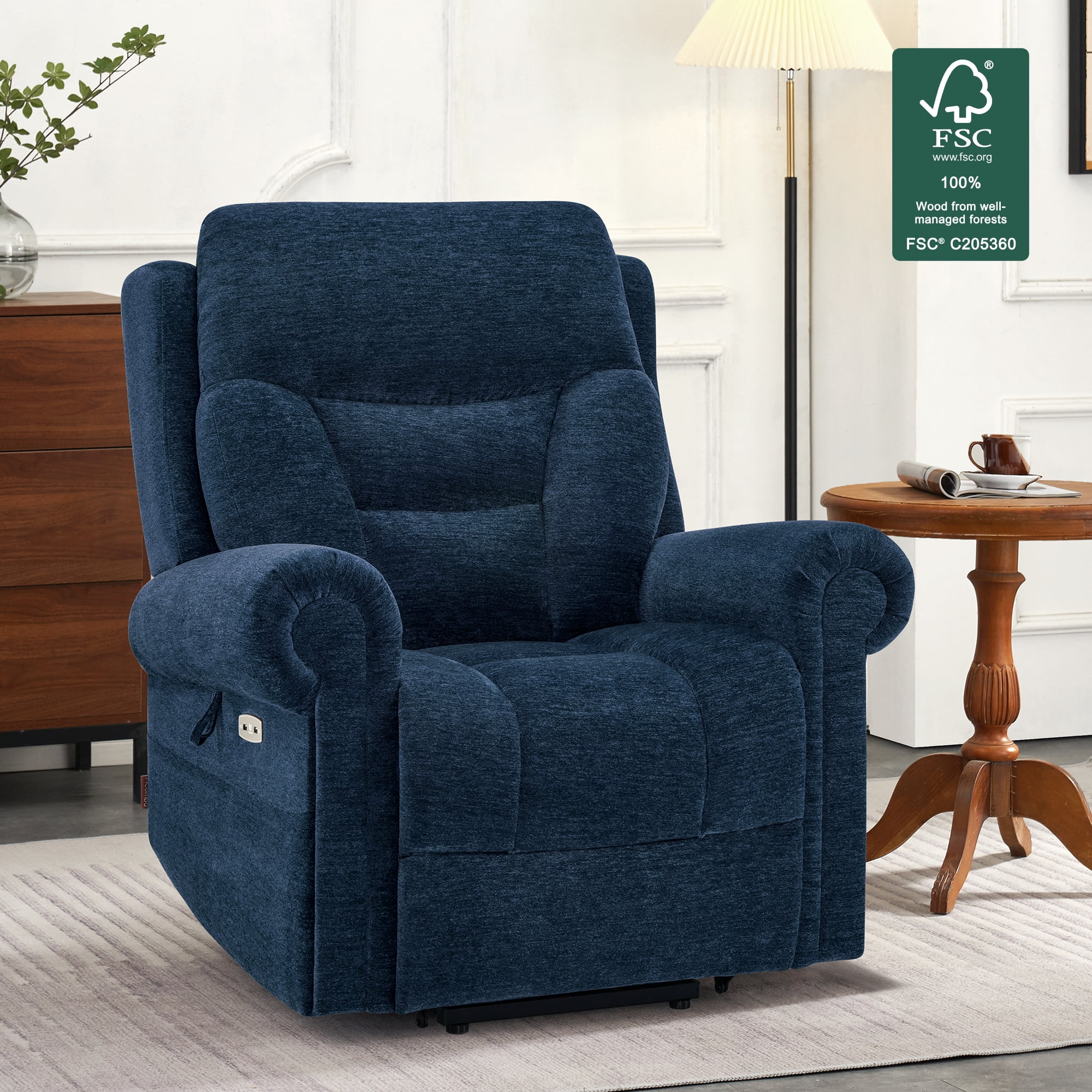 MCombo Dual Motor Power Lift Recliner Chair with Massage and Dual Heating for Senior, Fabric 7888 (Navy Blue, Medium)