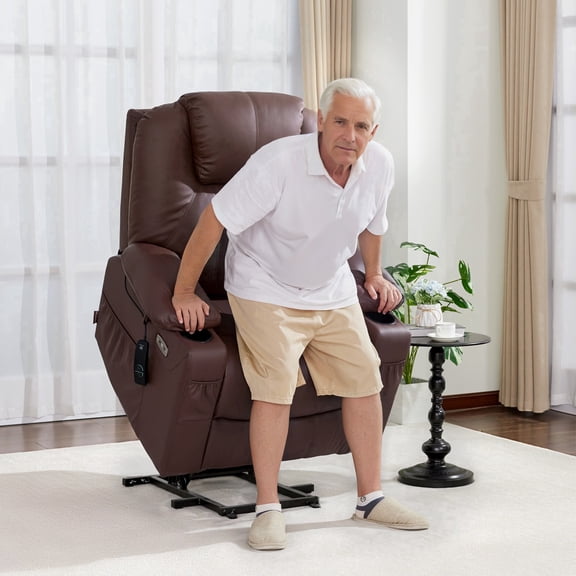 MCombo Electric Power Lift Recliner Chair with Vibration and Heat for Elderly, Faux Leather, Light Brown