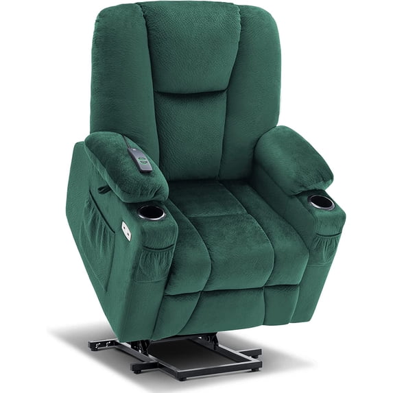 MCombo Electric Power Lift Recliner Chair with Extended Footrest for Elderly People, 3 Positions, Hand Remote Control, Lumbar Pillow, 2 Cup Holders, USB Ports, 2 Side Pockets, Fabric 7507 Green