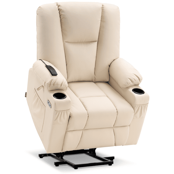 MCombo Electric Power Lift Recliner Chair with Extended Footrest for Elderly People, 3 Positions, Hand Remote Control, 2 Cup Holders, USB Ports, Faux Leather 7507 Cream White