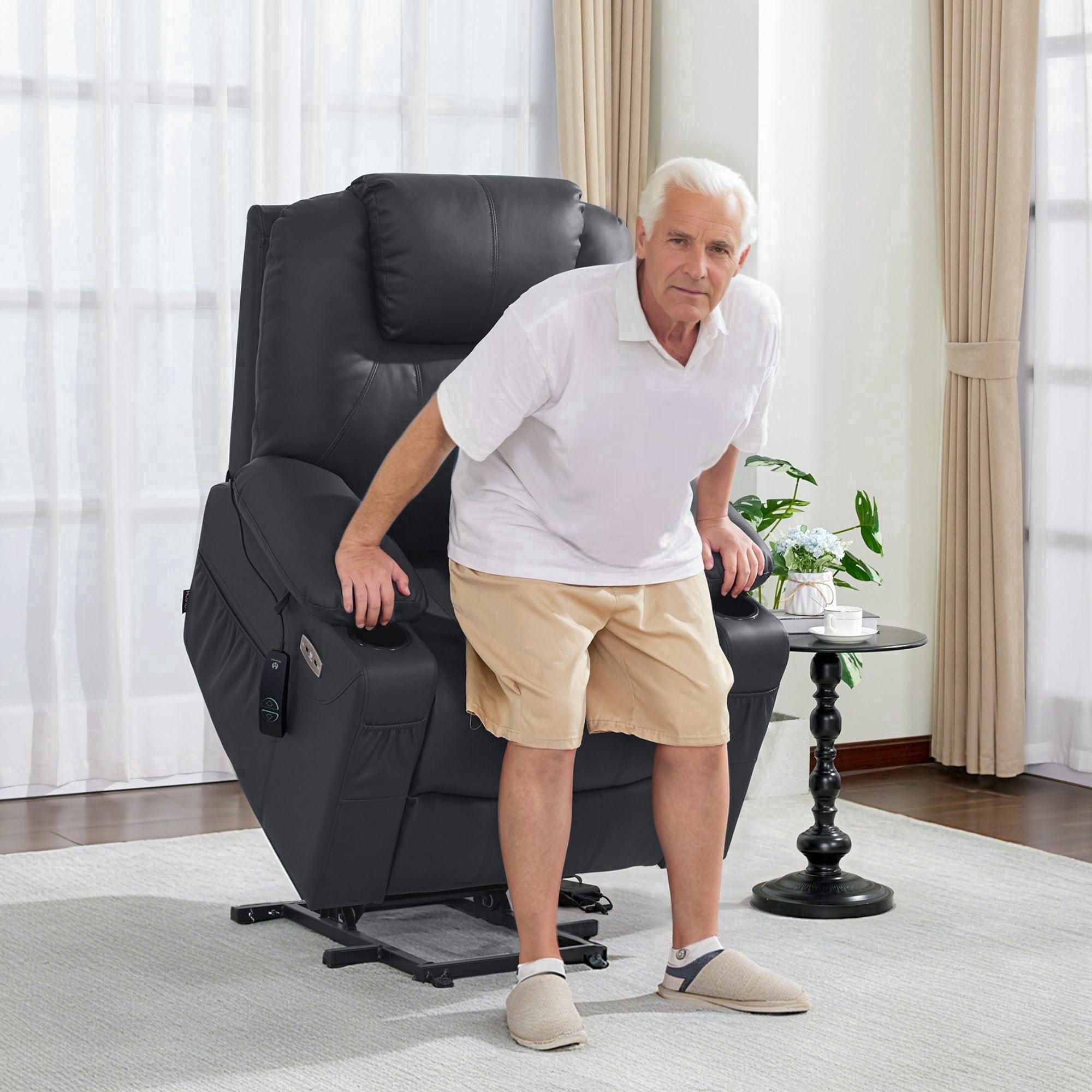 MCombo Electric Power Lift Recliner Chair with Vibration and Heat for Elderly, Faux Leather, Black