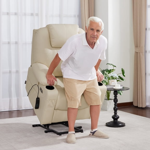 MCombo Electric Power Lift Recliner Chair with Vibration and Heat for Elderly, Faux Leather, Cream White